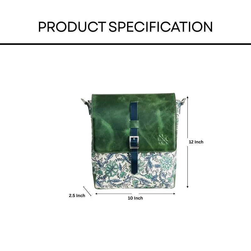Green and floral-patterned sling bag with measurements on a white background