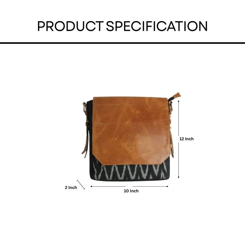 Measurement chart of a brown sling leather crossbody bag with black geometric pattern on a white background.