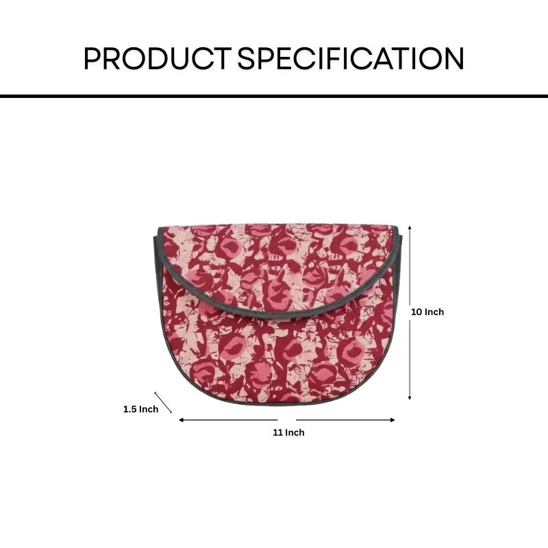 Red floral-patterned sling bag with measurements on a white background
