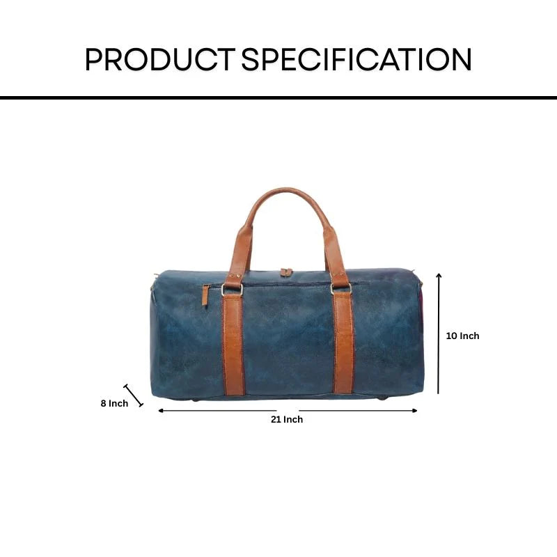Blue duffel bag with brown straps and dimensions on a white background