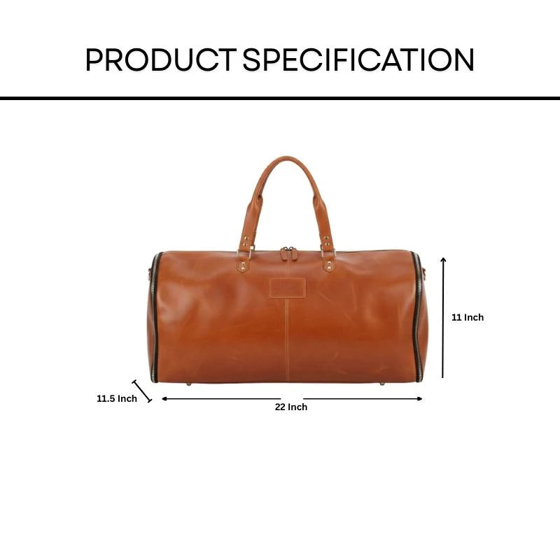 Brown duffel bag with dimensions labeled on a white background