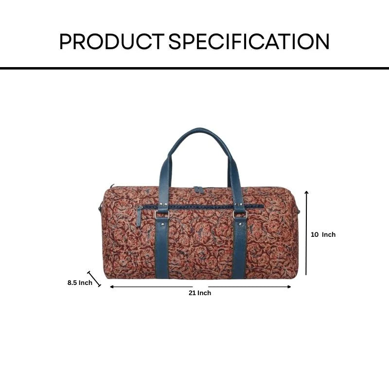 Brown duffel bag with blue straps and measurements on a white background