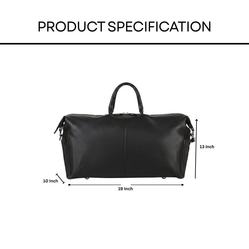 Black duffel bag with dimensions labeled on a white background