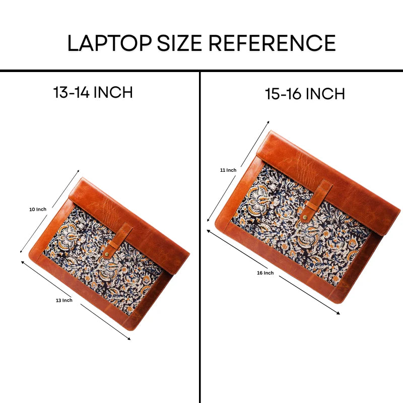 Laptop size reference chart showing 13-14 inch and 15-16 inch dimensions with a brown leather case.