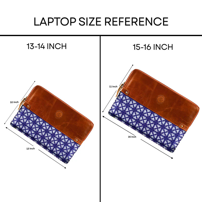 Laptop size reference chart with two pouches, one for 13-14 inch laptops and the other for 15-16 inch laptops.