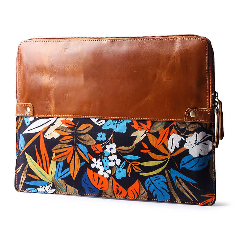 leather and fabric zipper laptop sleeve front