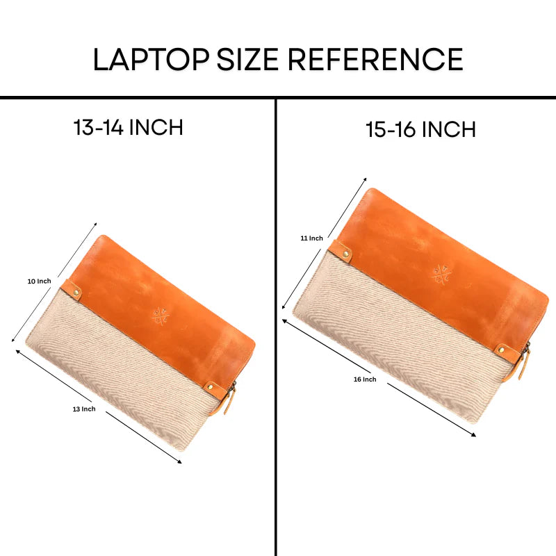 Two orange and beige sleeves with dimensions for 13-14 inch and 15-16 inch laptops.