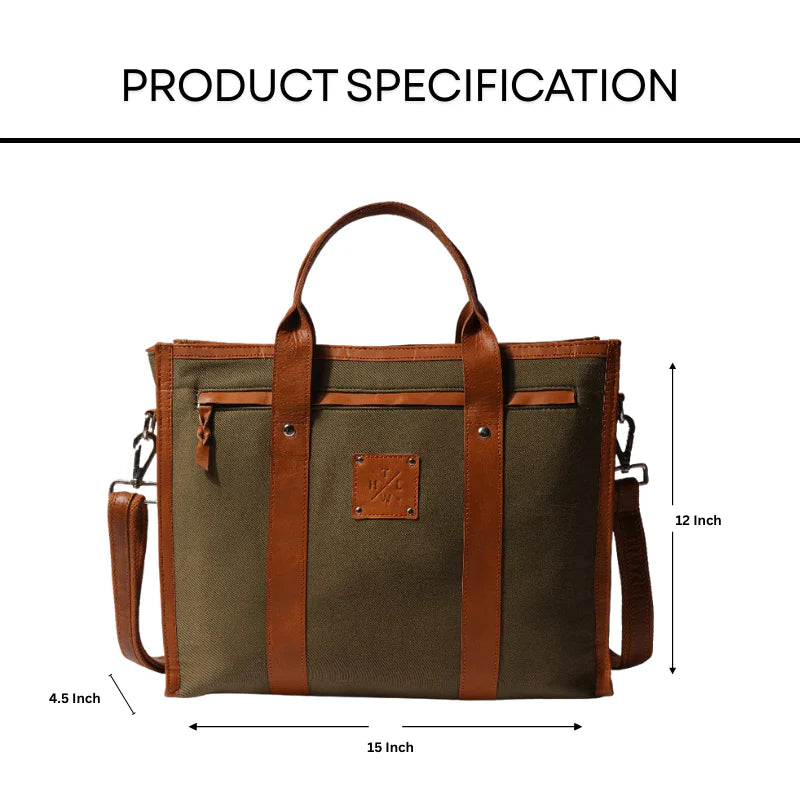 Green bag with brown leather straps and measurements on a white background