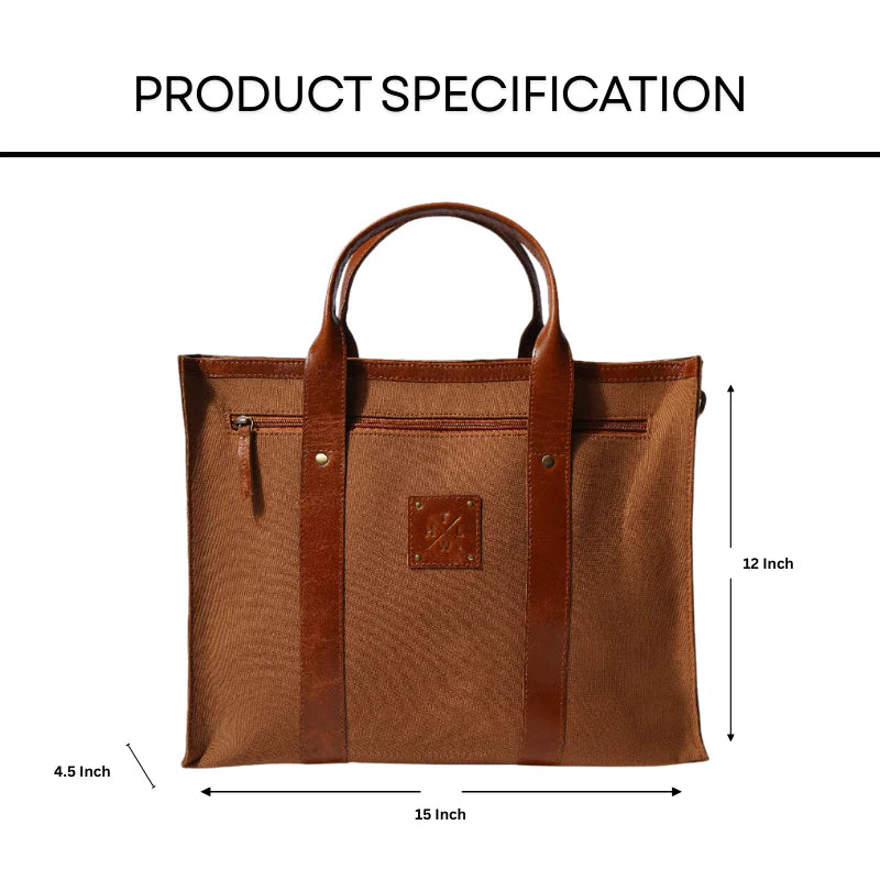 Brown tote bag with measurements on a white background