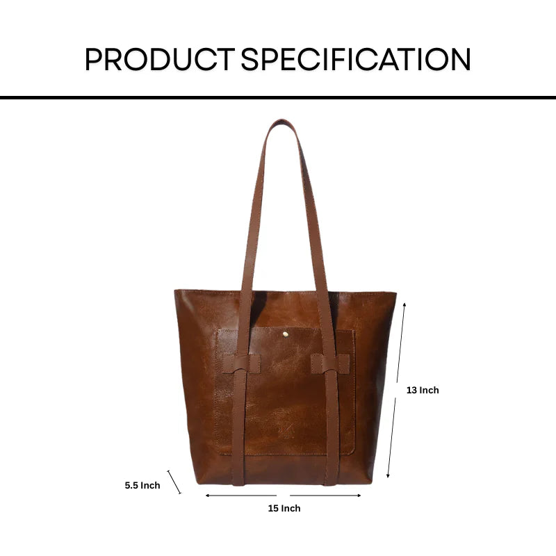 Brown leather tote bag with measurements on a white background