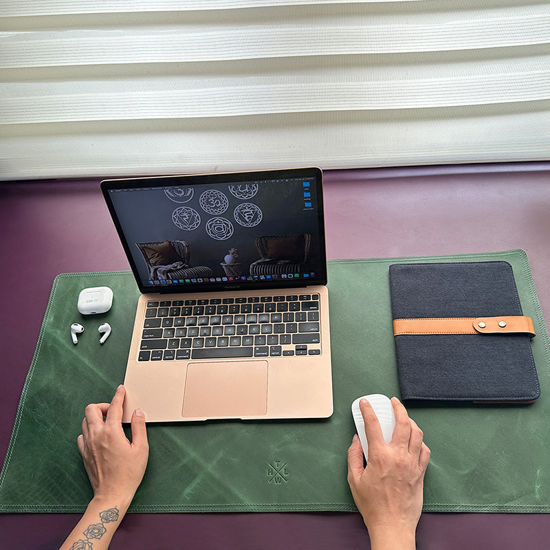 green leather laptop mat