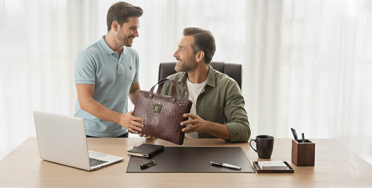 Two men in an office setting with a laptop, coffee mug, and office supplies.