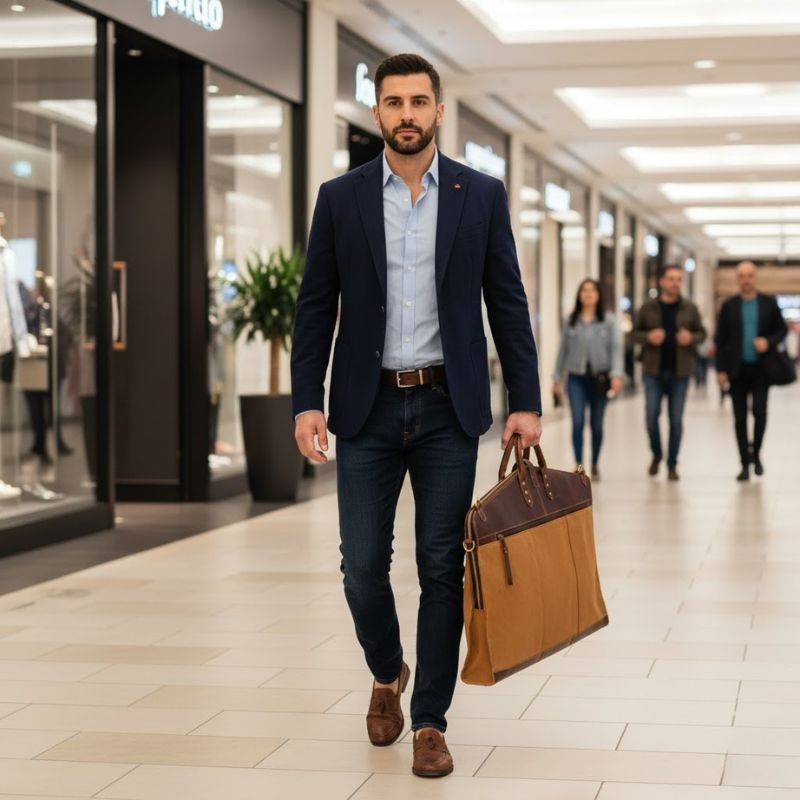 Man walking through a mall holding a brown velvet bag