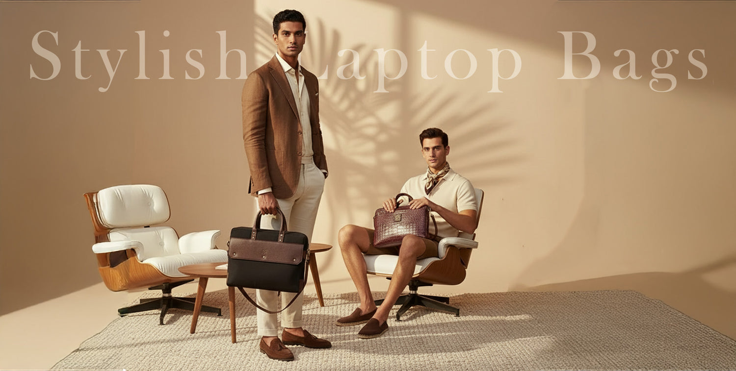Two men with stylish laptop bags in a modern room setting.