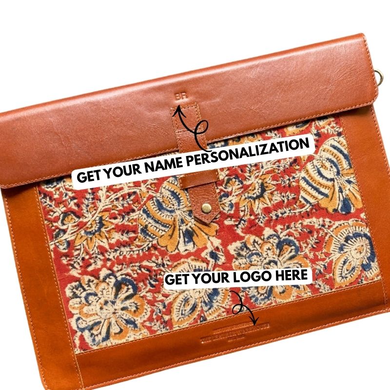 Brown leather sleeve with paisley pattern and text for personalization on a white background