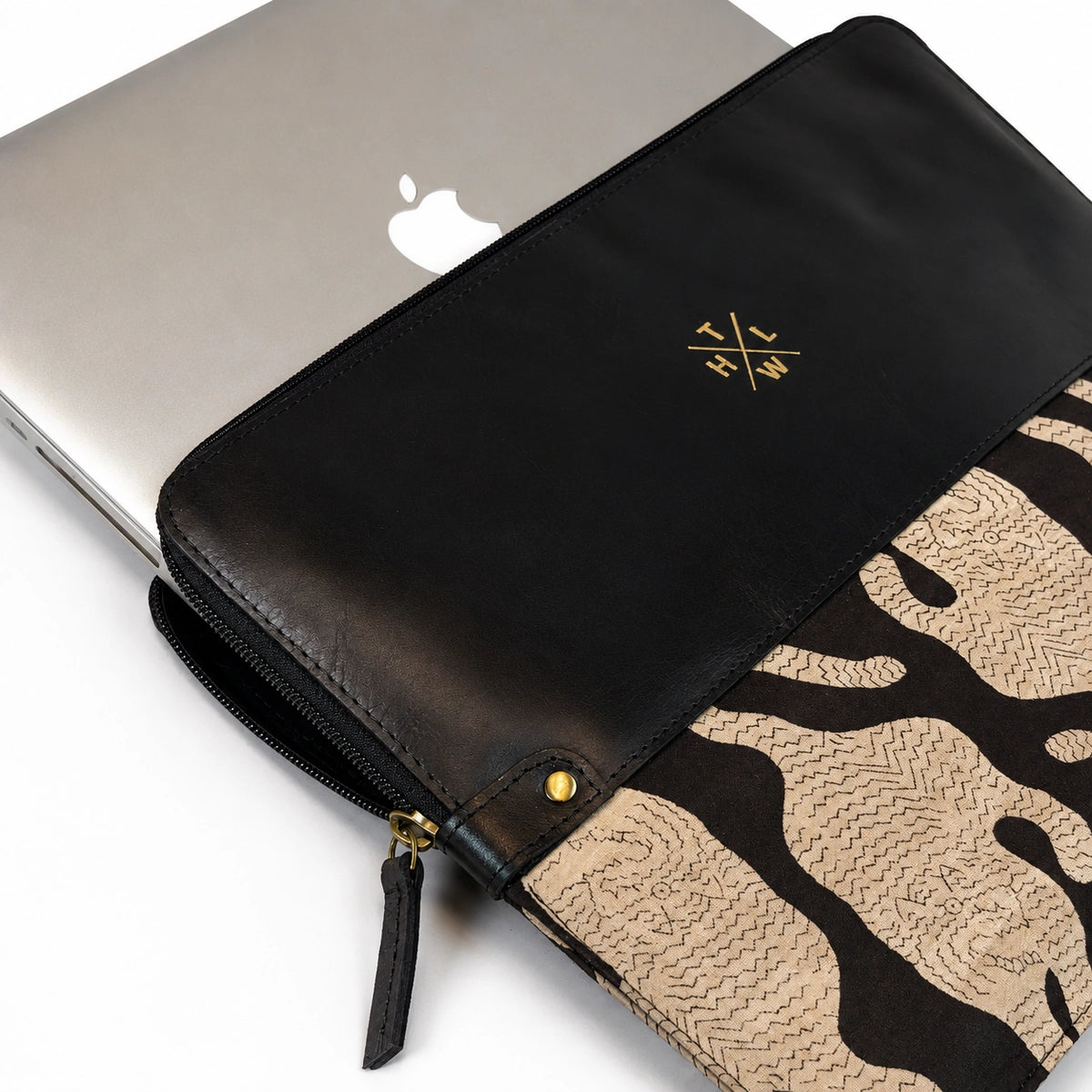 Black Leather Laptop Sleeve with Kalamkari Fabric