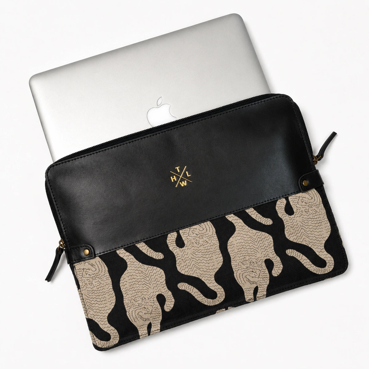 Black Leather Laptop Sleeve with Kalamkari Fabric