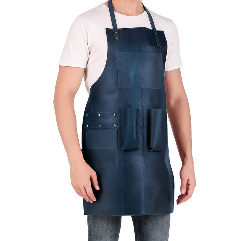 blue leather bartender apron