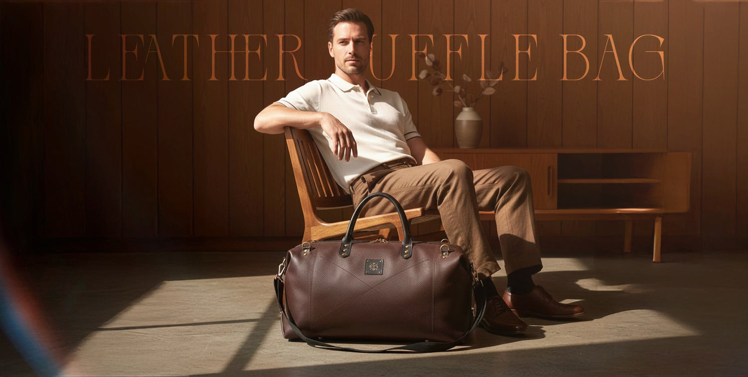 Man sitting on a chair with a brown leather duffle bag in front of him, against a wooden wall.