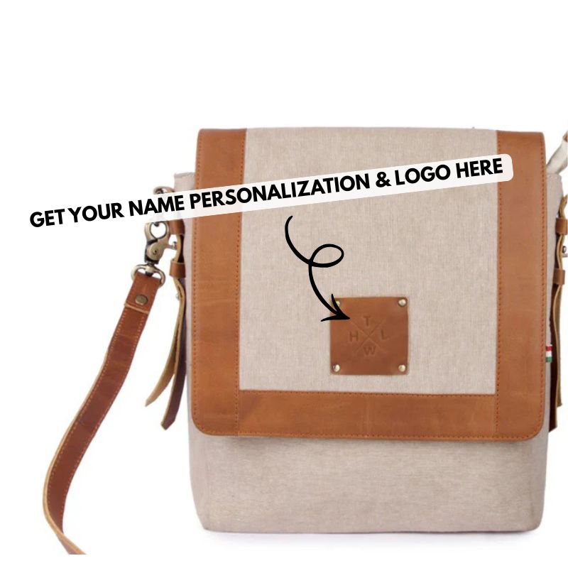 Beige and brown sling bag with customizable text on a white background
