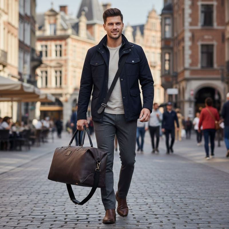 Man walking down a city street holding a brown leather bag