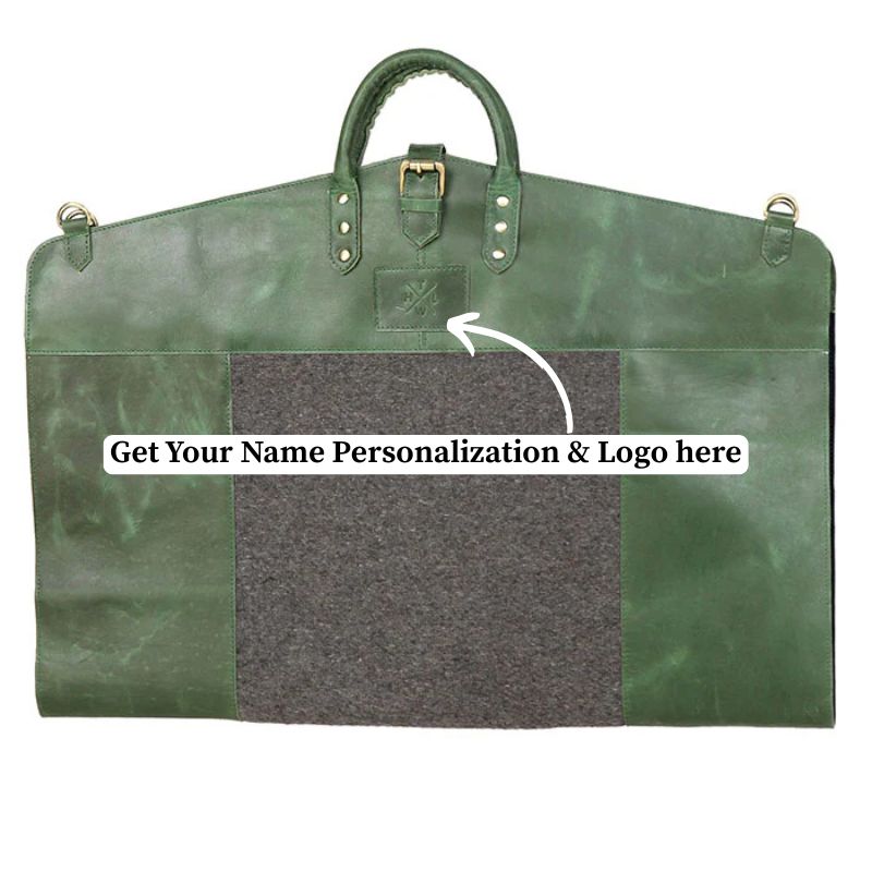 Green leather garment bag with a gray interior pocket on a white background