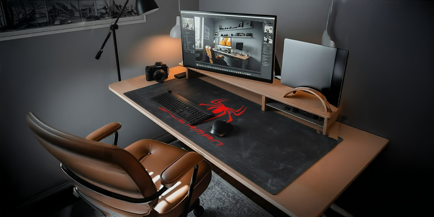 Modern home office setup with a desk, chair, computer monitor, and keyboard.