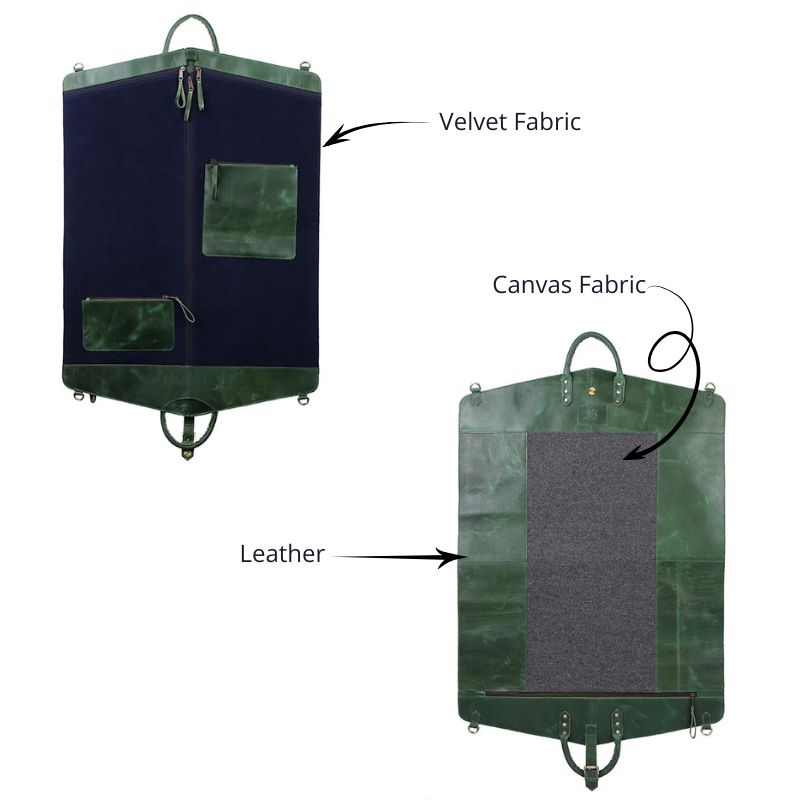 Green garment bag with labels indicating velvet, canvas, and leather components on a white background.