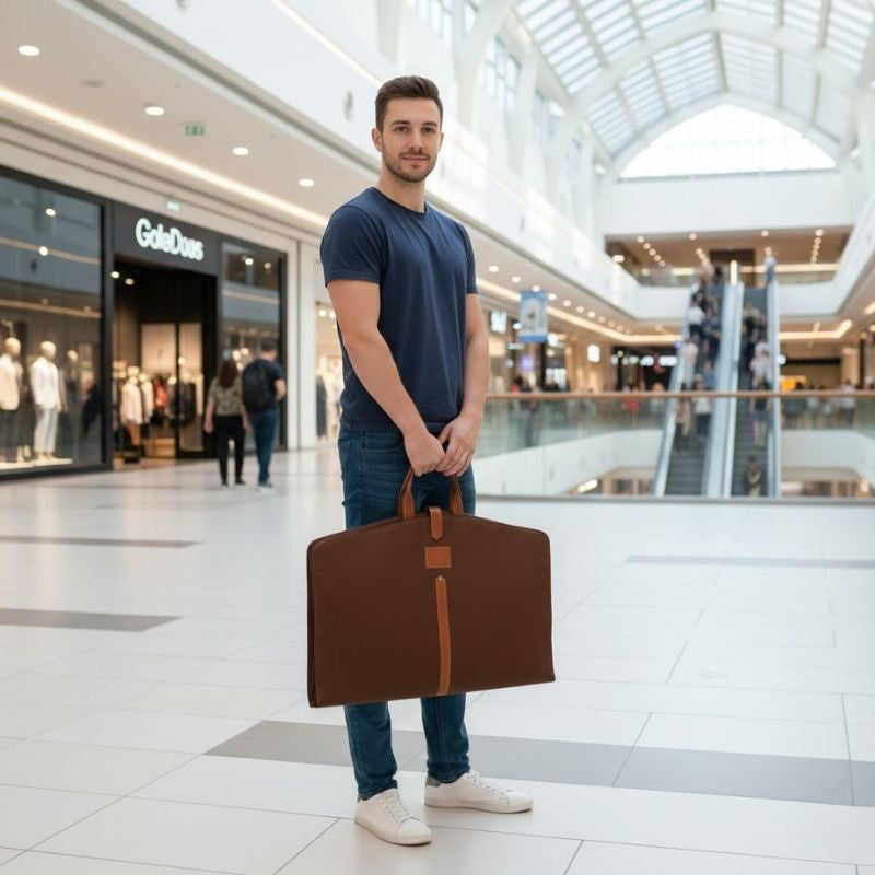 Man holding a brown velvet briefcase in a shopping mall