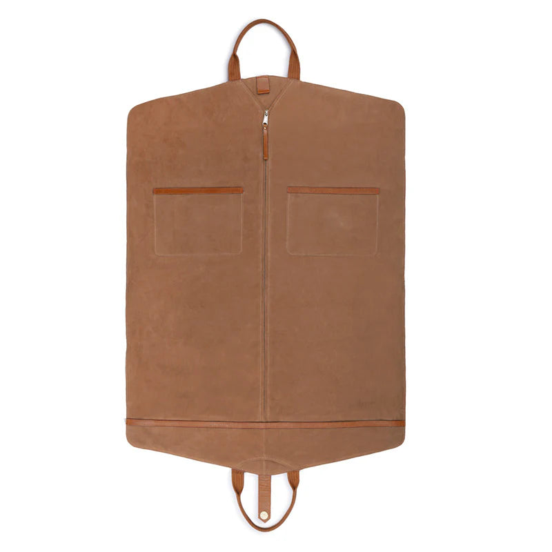 Brown leather garment bag on a white background