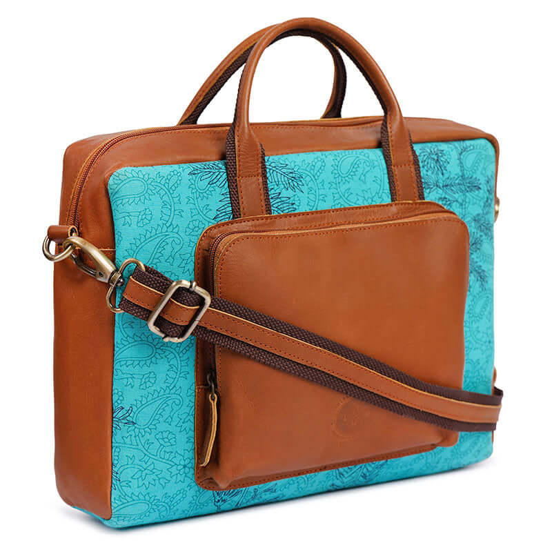 Blue Flower print laptop bag zipper and strap