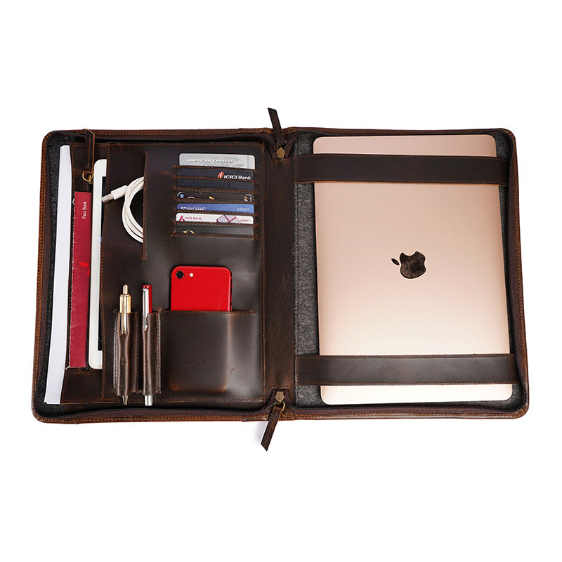 Leather portfolio brown with zipper