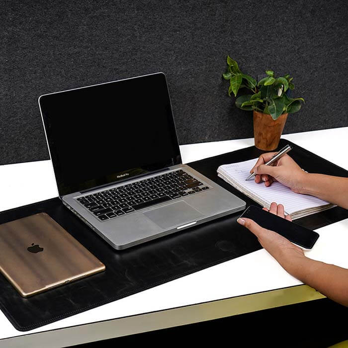 Custom large leather desk pad with keyboard and mouse