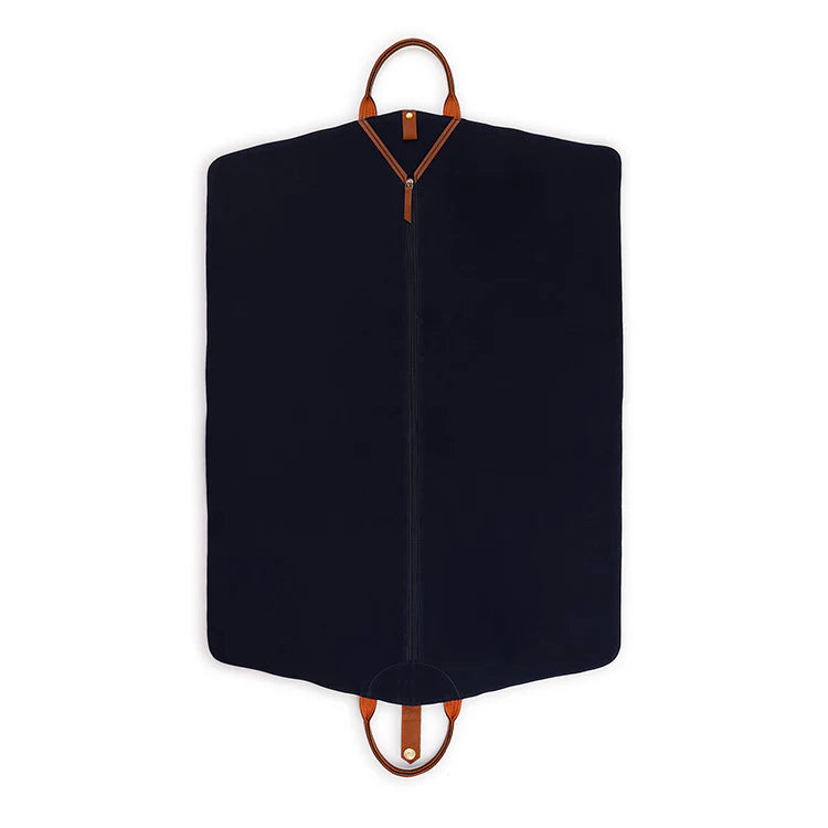 Black garment bag with brown handles on a white background