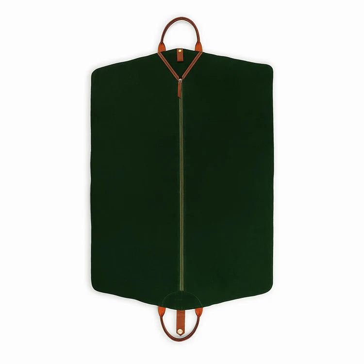 Green garment bag with brown handles on a white background