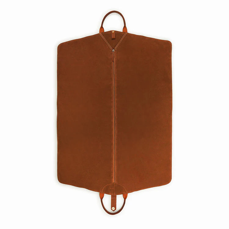 Brown garment bag with handles on a white background