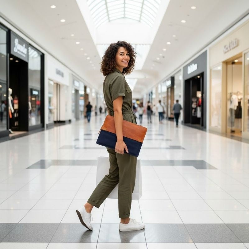 Woman holding a multicolored sleeve in a shopping mall