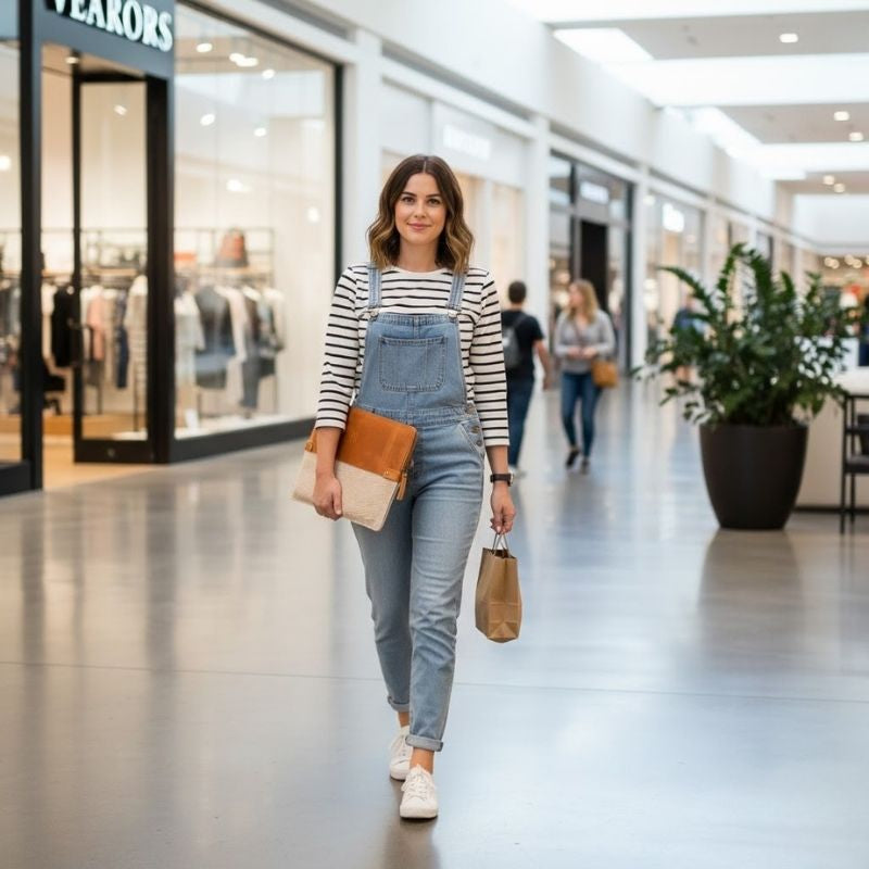 Woman in a shopping mall wearing a striped shirt and denim overalls.