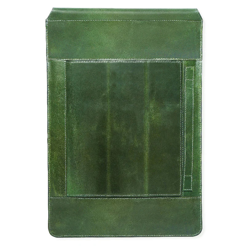 Green leather-bound sleeve book on a white background