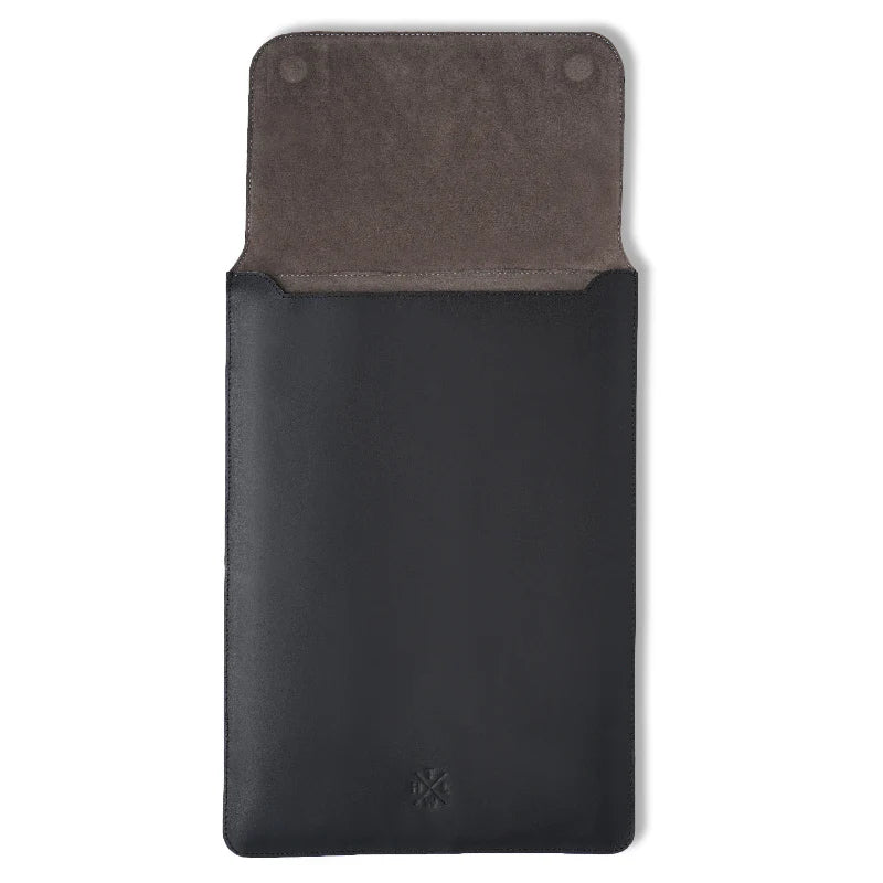 Black laptop case with brown top section on a white background