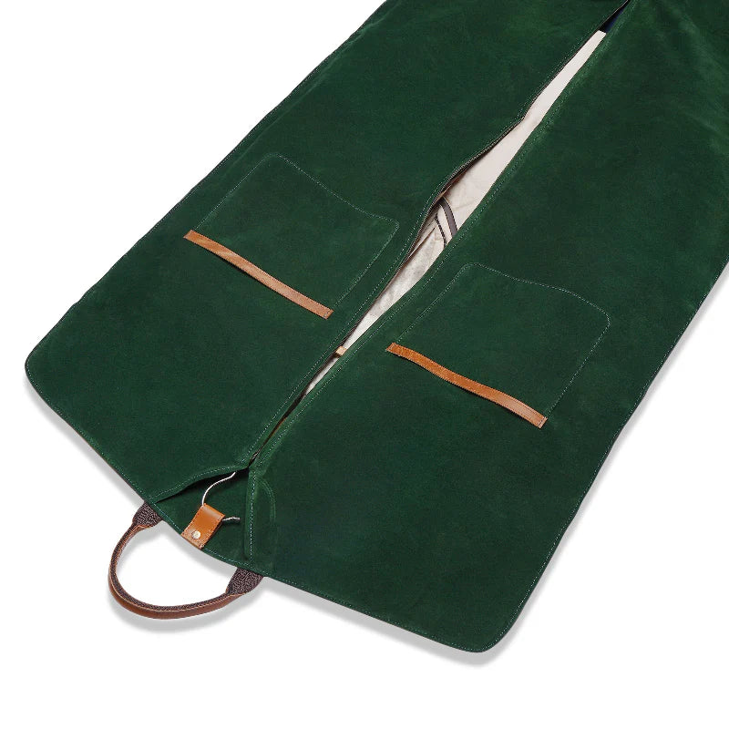 Green fabric with brown leather accents on a white background