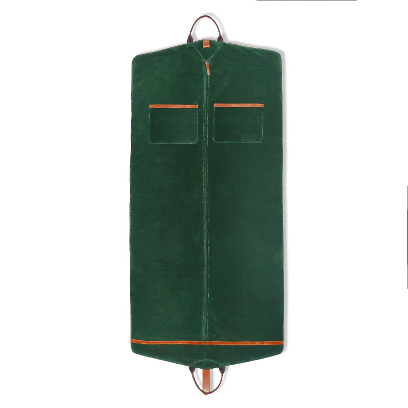 Green garment bag with brown accents on a white background