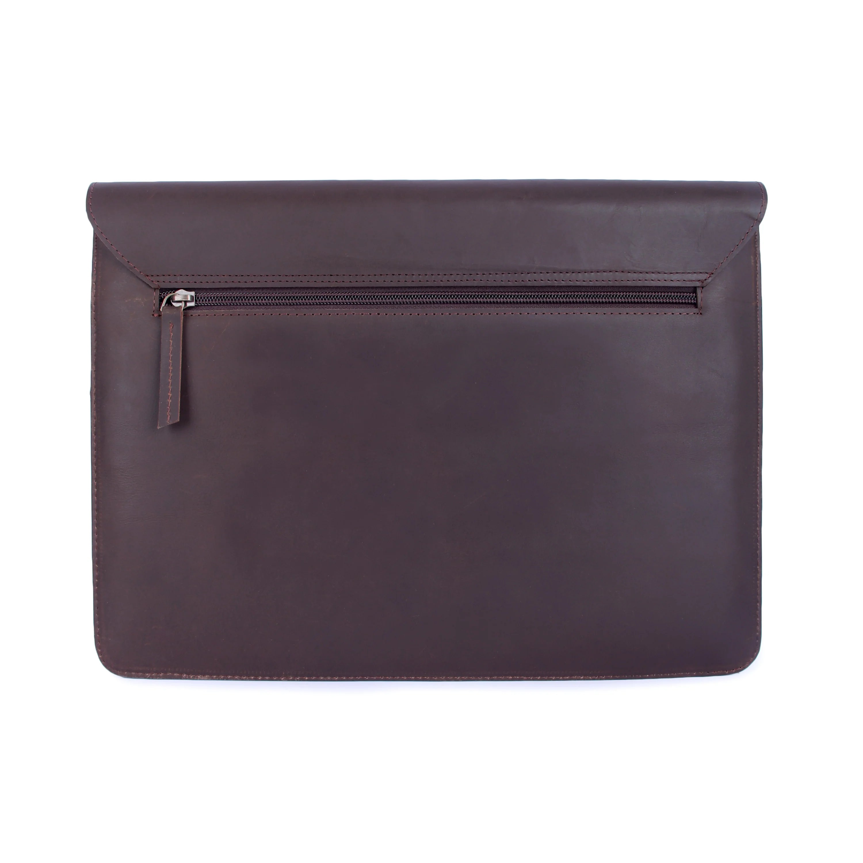 Dark brown leather laptop sleeve with a zipper on a white background