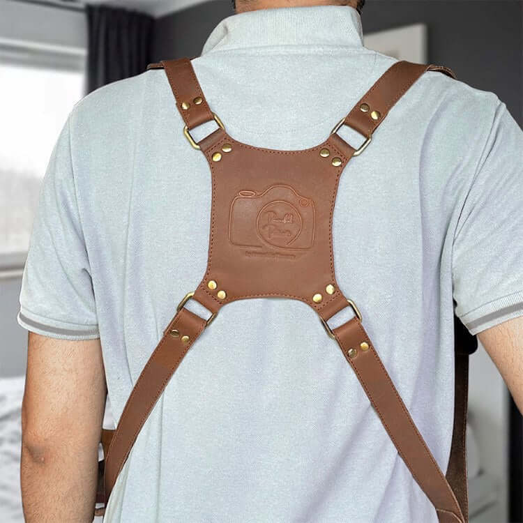 logo or name personalization on leather camera strap harness
