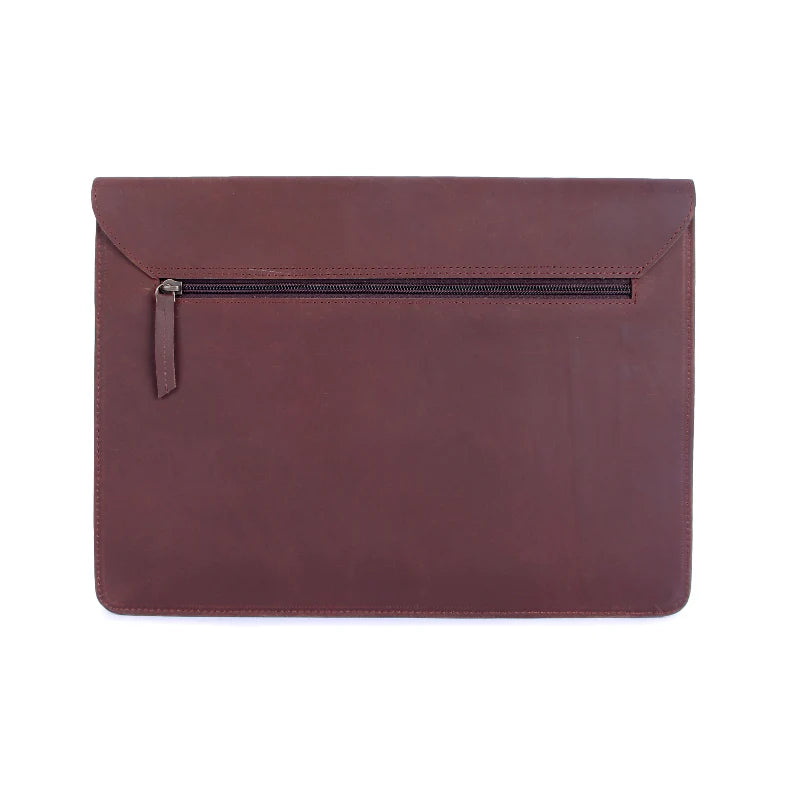 Maroon leather pouch with a zipper on a white background