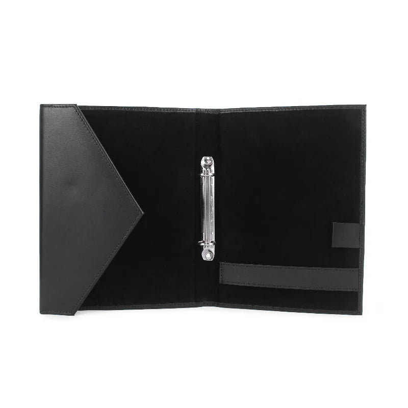 Black leather clutch with a silver clasp on a white background