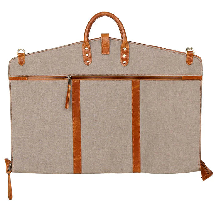 Beige garment bag with brown leather straps and trim on a white background