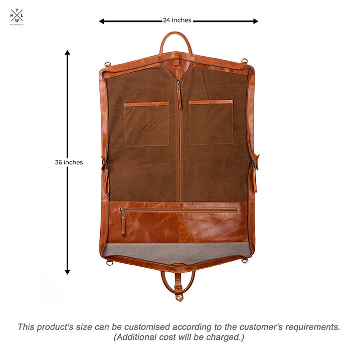 Brown leather garment bag with dimensions on a white background