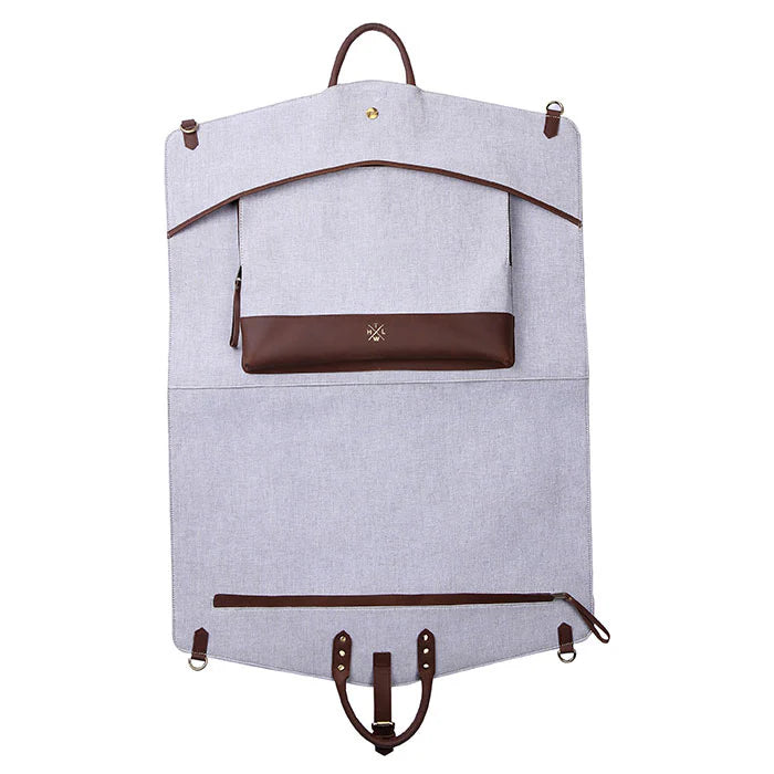 Gray garment bag with brown accents on a white background