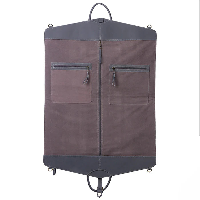 Brown garment bag with zippers on a white background